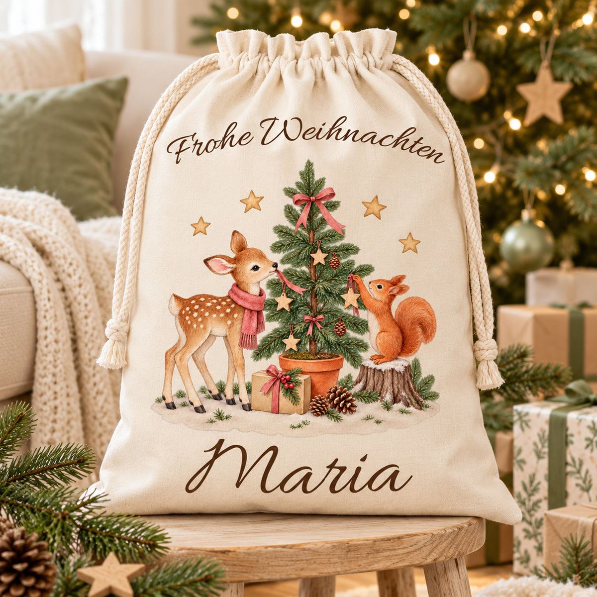 Personalisierter Nikolaussack mit Reh und Eichhörnchen auf einem Holzhocker im weihnachtlichen Wohnzimmer.