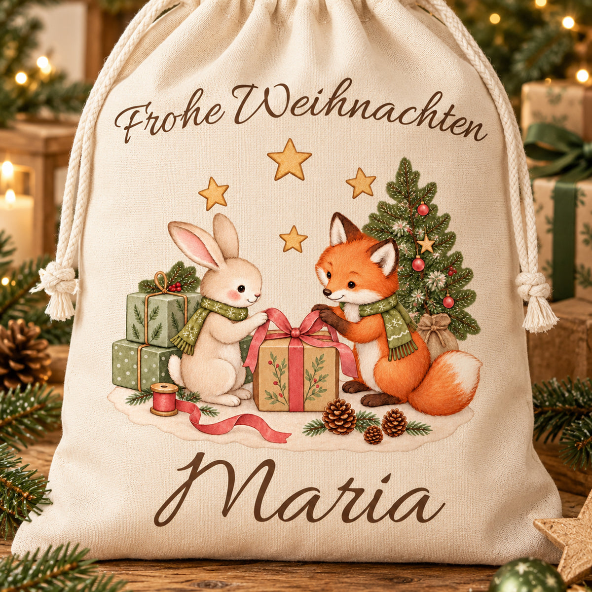 Nahaufnahme des Nikolaussacks mit Fuchs und Hase, Wunschname und sichtbarer Stoffstruktur.
