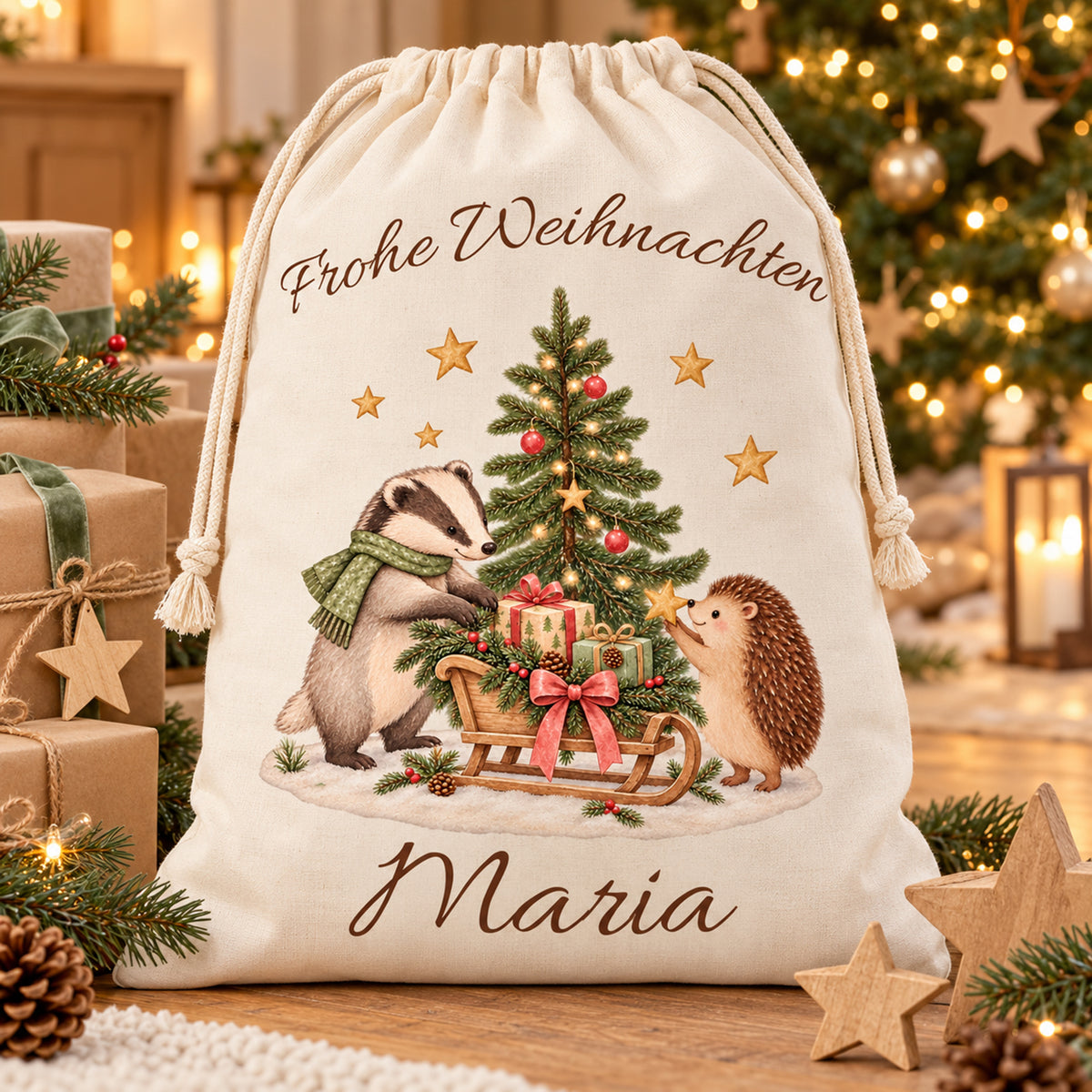Nikolaussack mit Dachs und Igel und Wunschname zwischen Geschenken vor einem beleuchteten Weihnachtsbaum.