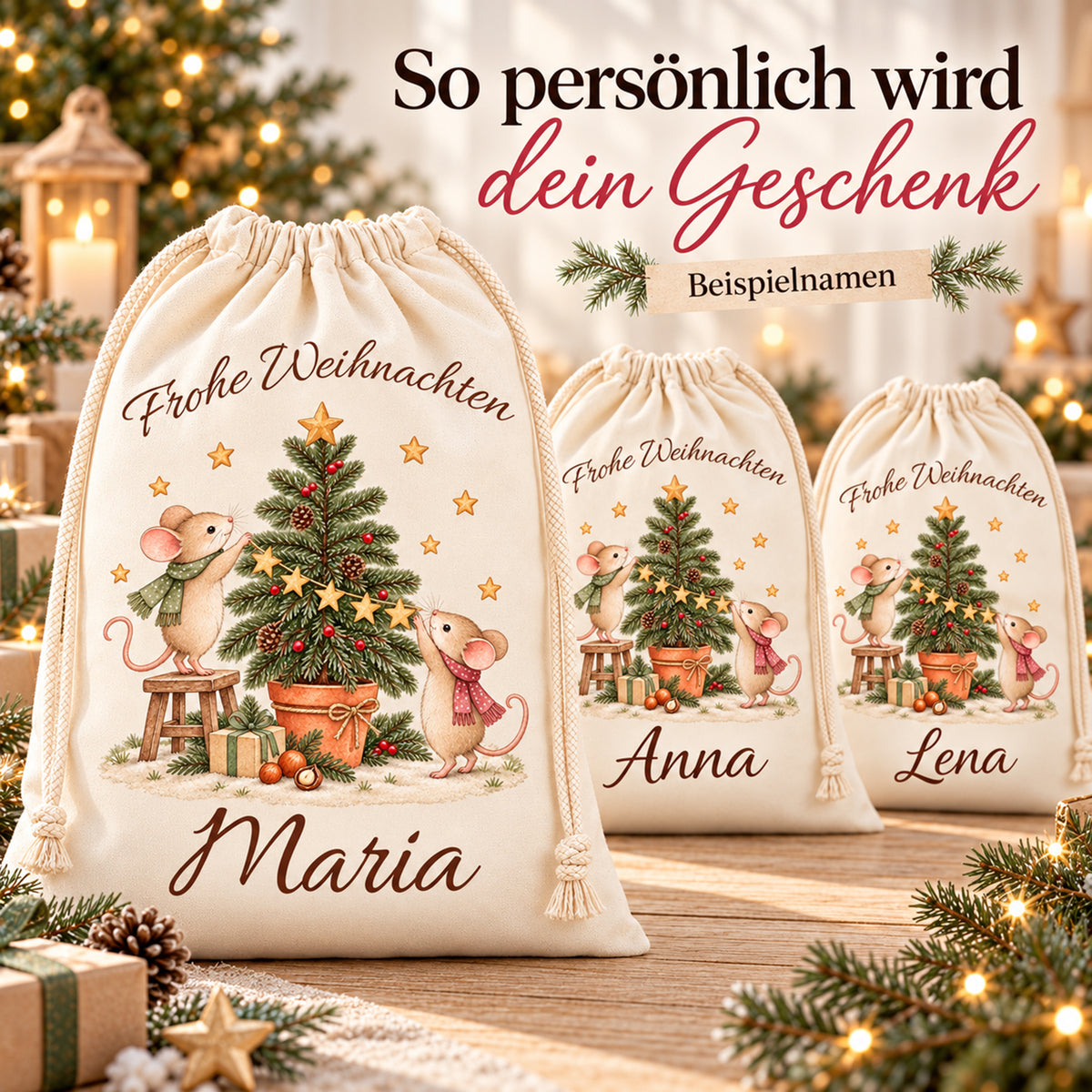 Nikolaussäcke mit zwei Mäusen und verschiedenen Wunschnamen als Beispiele für die Personalisierung.