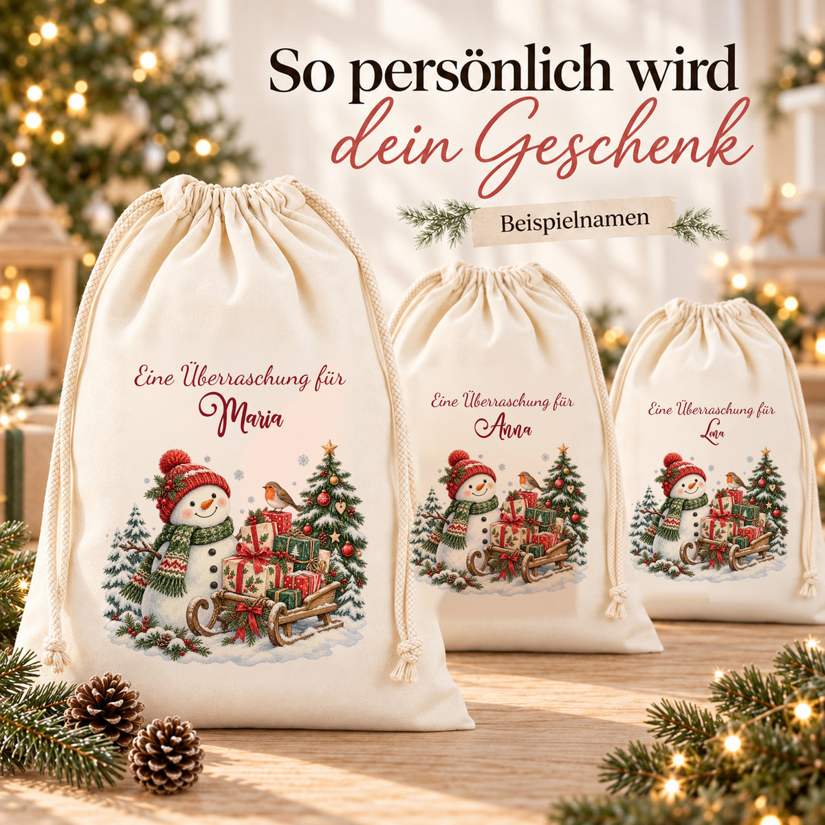 Drei Nikolaussäcke mit Motiv Schneemann zeigen unterschiedliche Namenspersonalisierungen