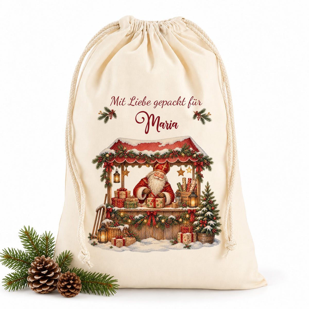 Naturfarbener Nikolaussack mit Namen und Motiv Geschenkestand auf hellem Hintergrund
