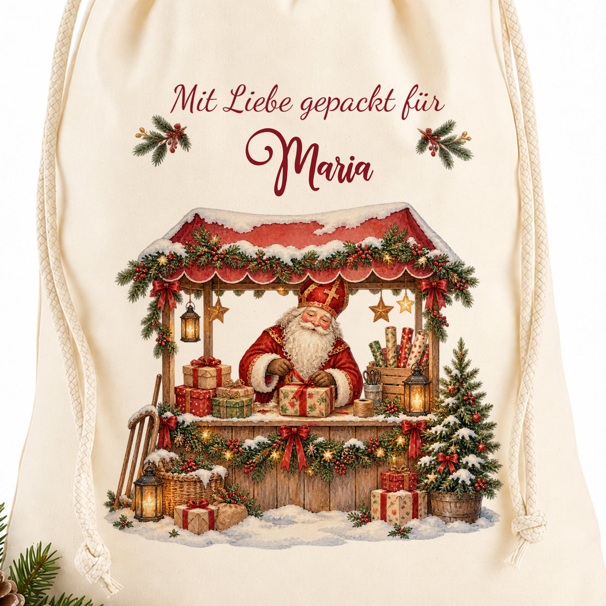 Detail von Baumwollstoff und bedrucktem Motiv Geschenkestand mit Wunschname