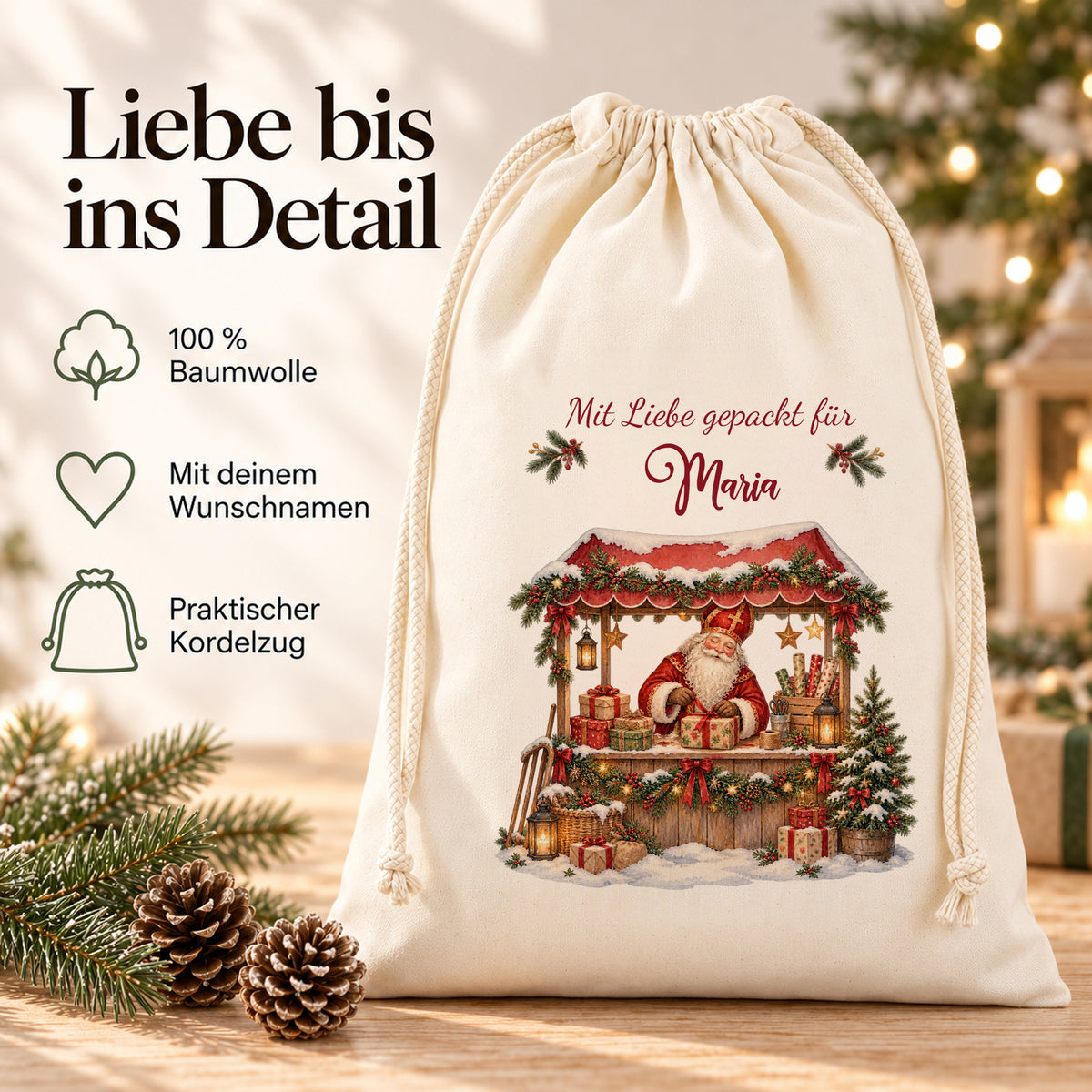 Nikolaussack Geschenkestand mit Hinweisen zu Baumwolle, Wunschname und Kordelzug