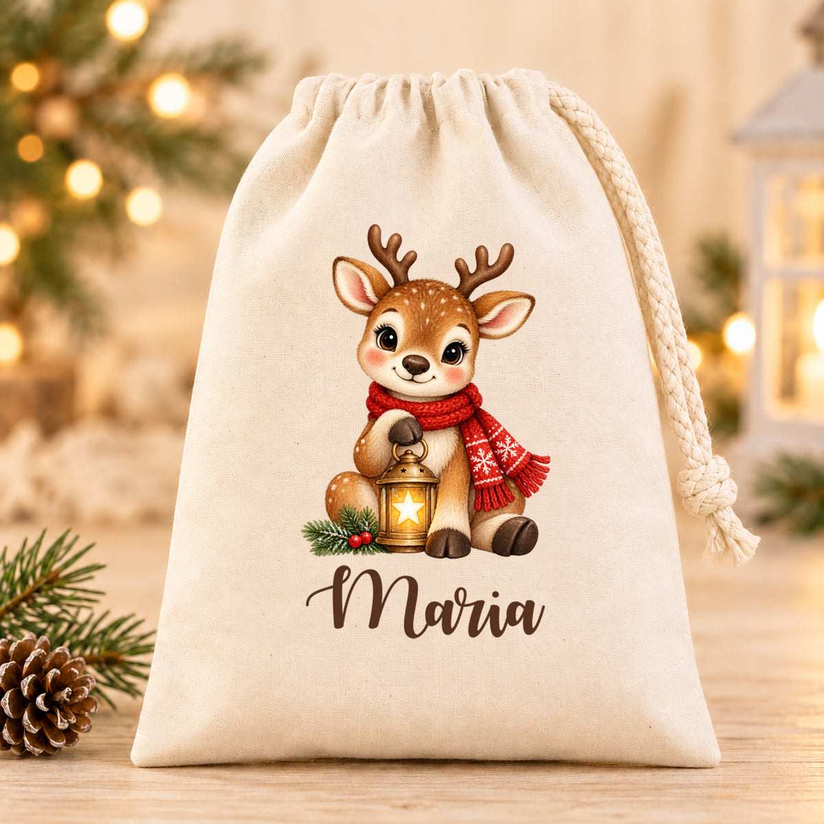 Nikolaussäckchen Rentier mit Sternenlaterne mit Wunschname in Natur, 15 × 20 cm