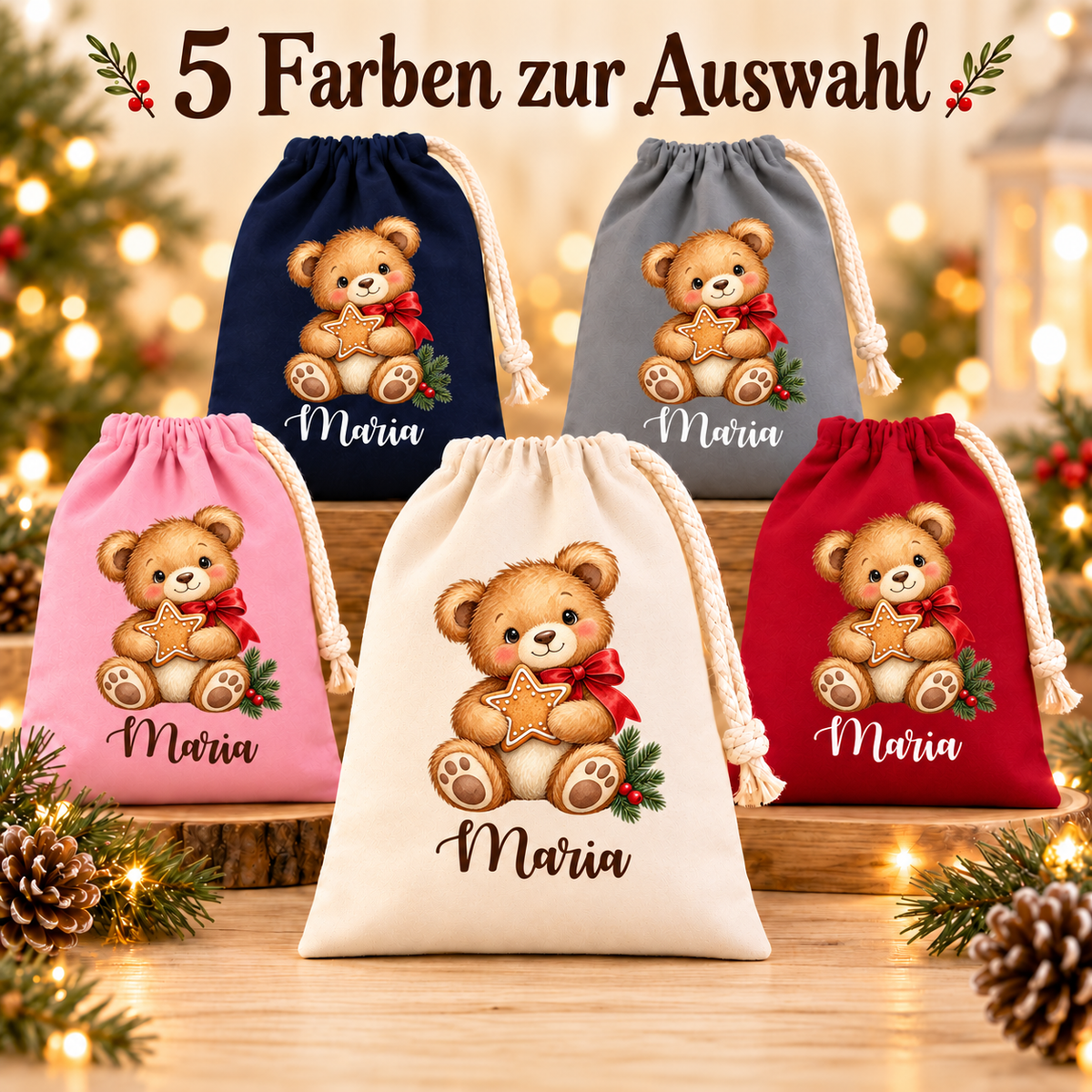 Weihnachtsbaer mit Lebkuchenstern: fünf Säckchenfarben mit Wunschname; 5 Farben zur Auswahl.