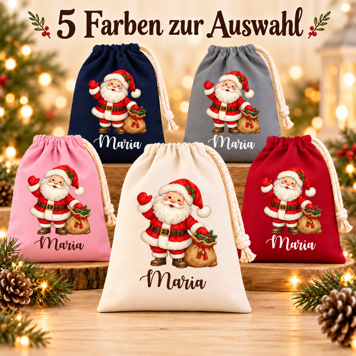 Weihnachtsmann mit Geschenkesack: fünf Säckchenfarben mit Wunschname; 5 Farben zur Auswahl.