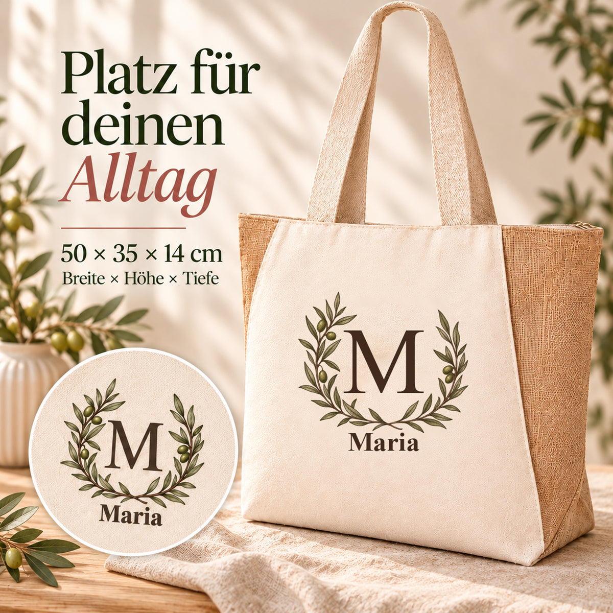 Shopper mit offenem Olivenkranz und Maßangaben: 50 × 35 × 14 cm.