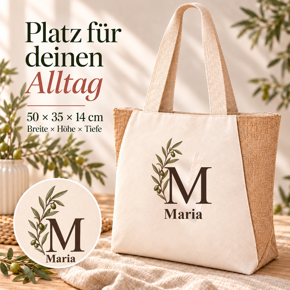 Shopper mit seitlicher Olivenranke und Maßangaben: 50 × 35 × 14 cm.