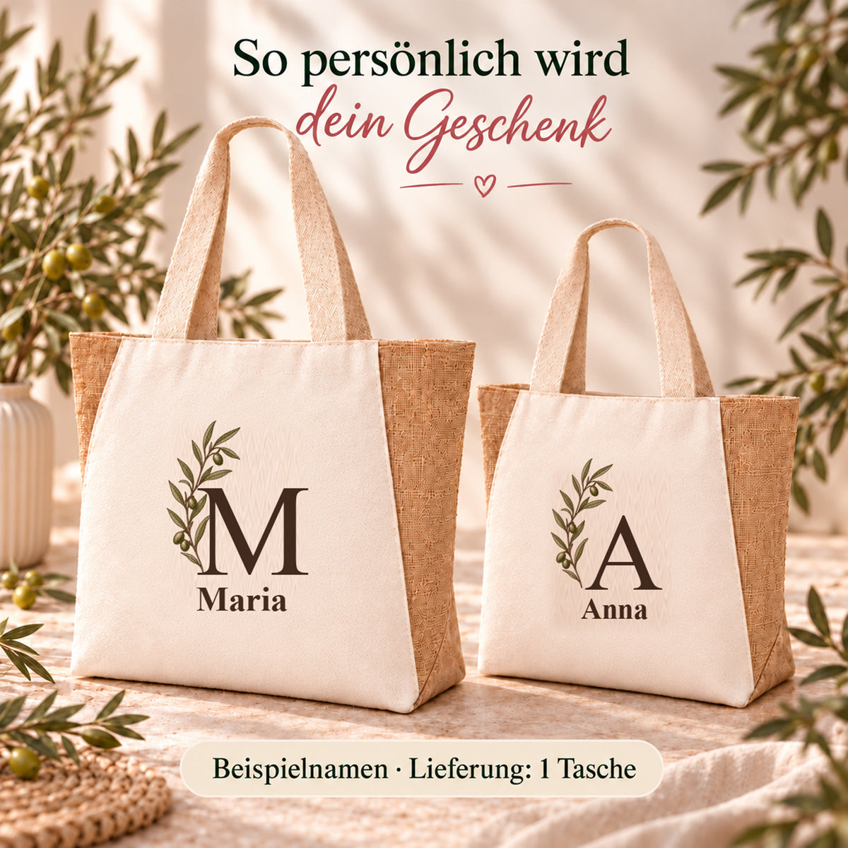 Shopper mit seitlicher Olivenranke: Wunschname und daraus abgeleiteter Anfangsbuchstabe.