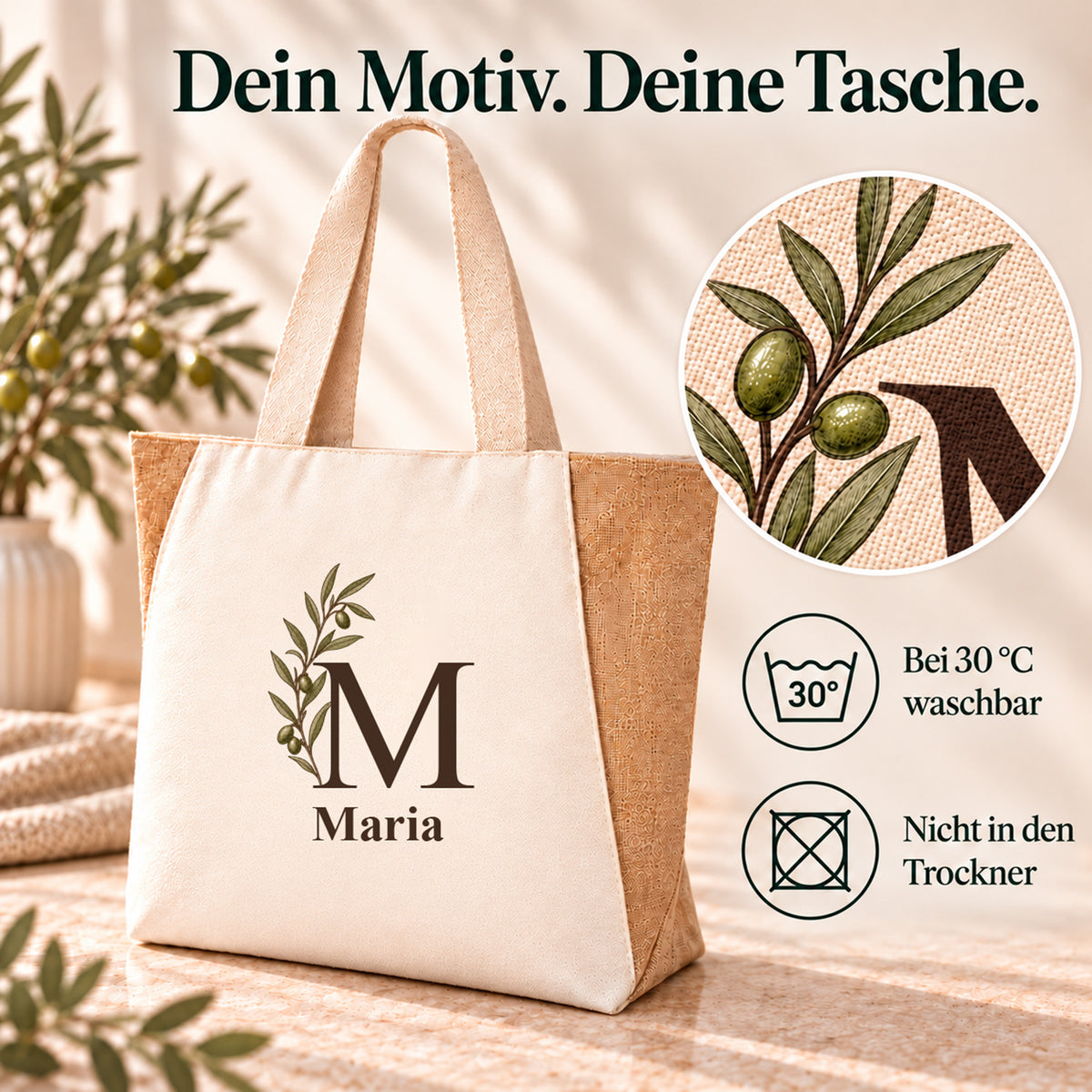 Pflege des Shoppers mit seitlicher Olivenranke: bei 30 °C waschbar, nicht für den Trockner.