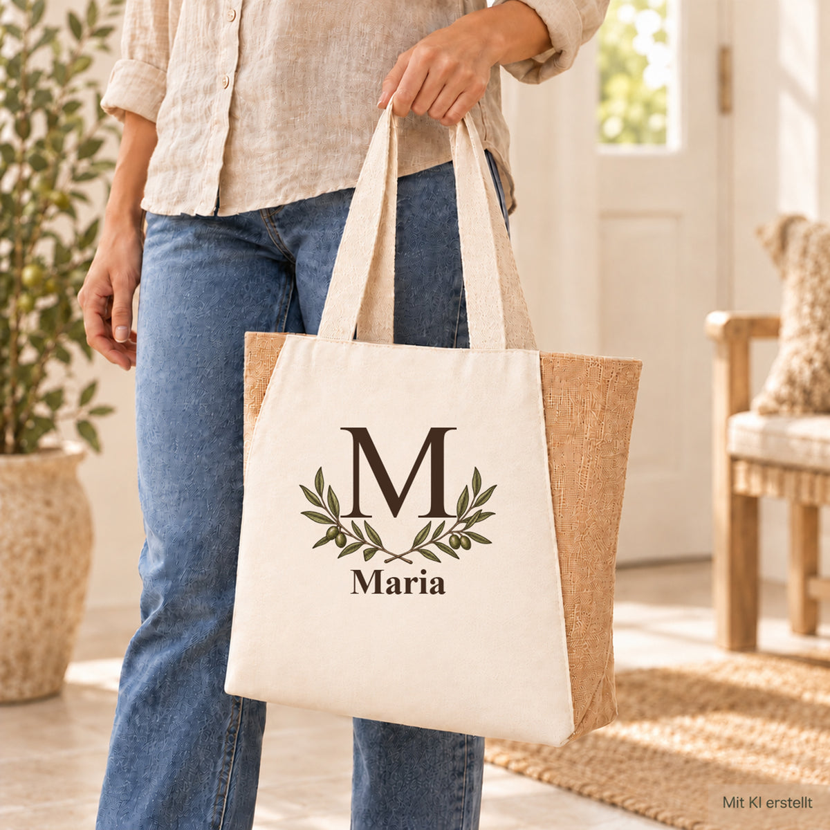 Person mit personalisiertem Shopper mit Olivenzweigpaar, Initial und Wunschname.