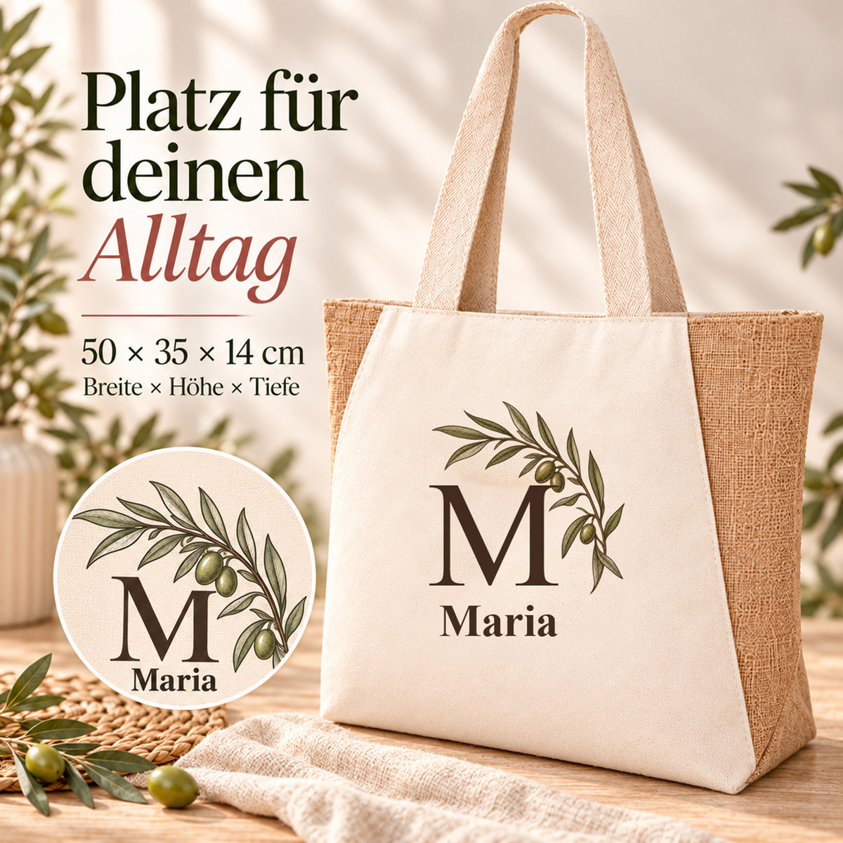 Shopper mit Olivenbogen und Maßangaben: 50 × 35 × 14 cm.