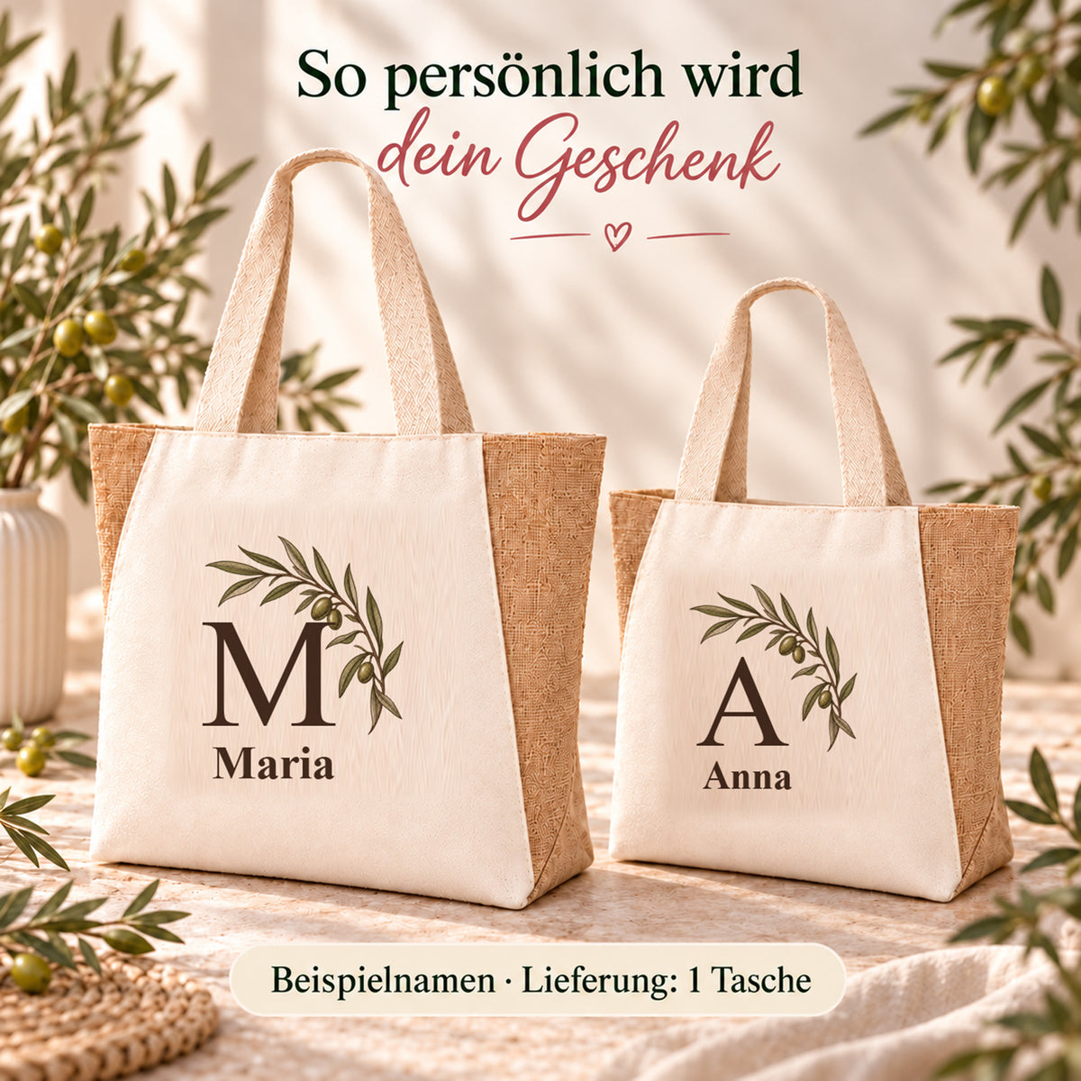 Shopper mit Olivenbogen: Wunschname und daraus abgeleiteter Anfangsbuchstabe.