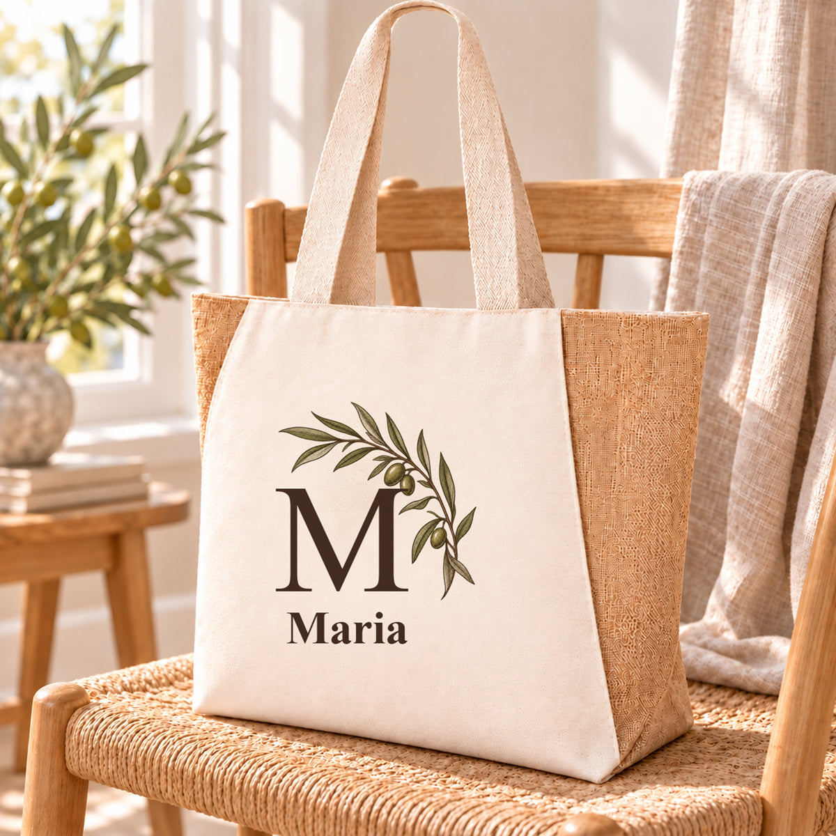 Personalisierter Shopper mit Olivenbogen, Initial und Wunschname in einer Alltagsszene.