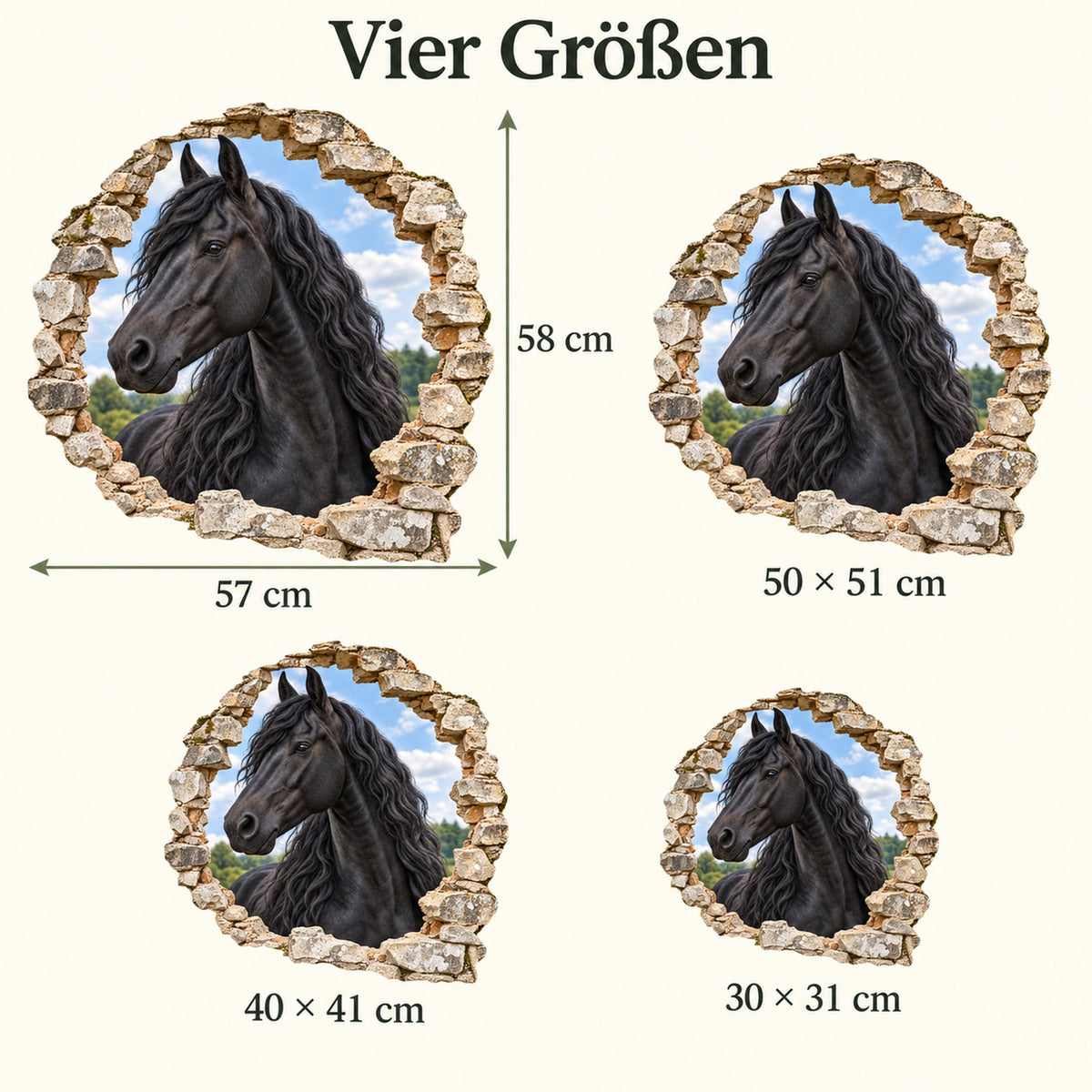 Größenvergleich des Wandtattoos Pferd Friese: 30, 40, 50 und 57 cm kürzere Seite