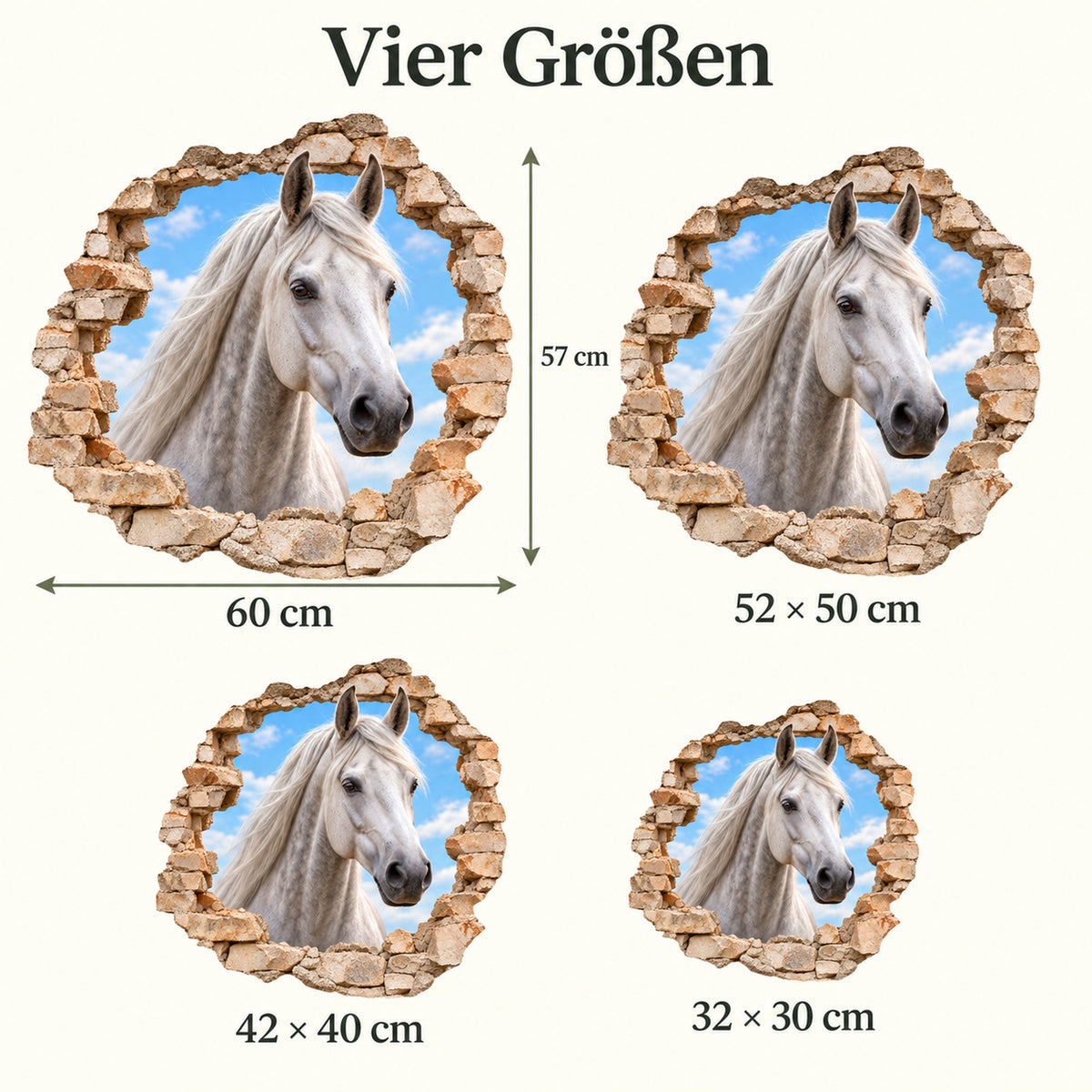 Größenvergleich des Wandtattoos Pferd Schimmel: 30, 40, 50 und 57 cm kürzere Seite