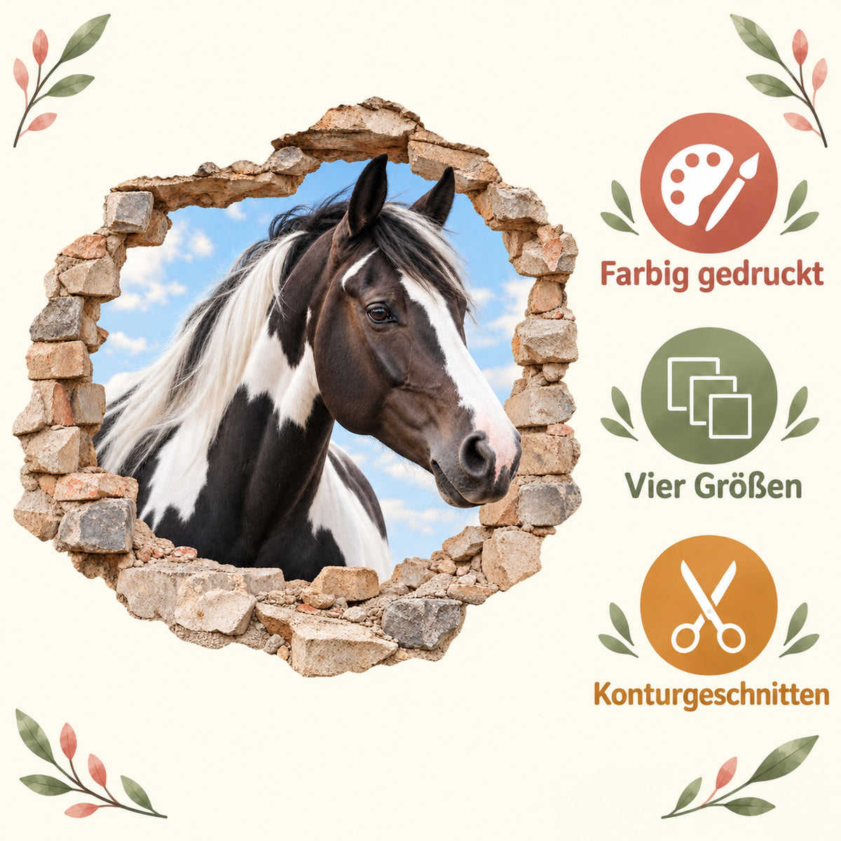 Eigenschaftsbild zum Wandtattoo Pferd Schecke: farbig gedruckt, vier Größen, konturgeschnitten