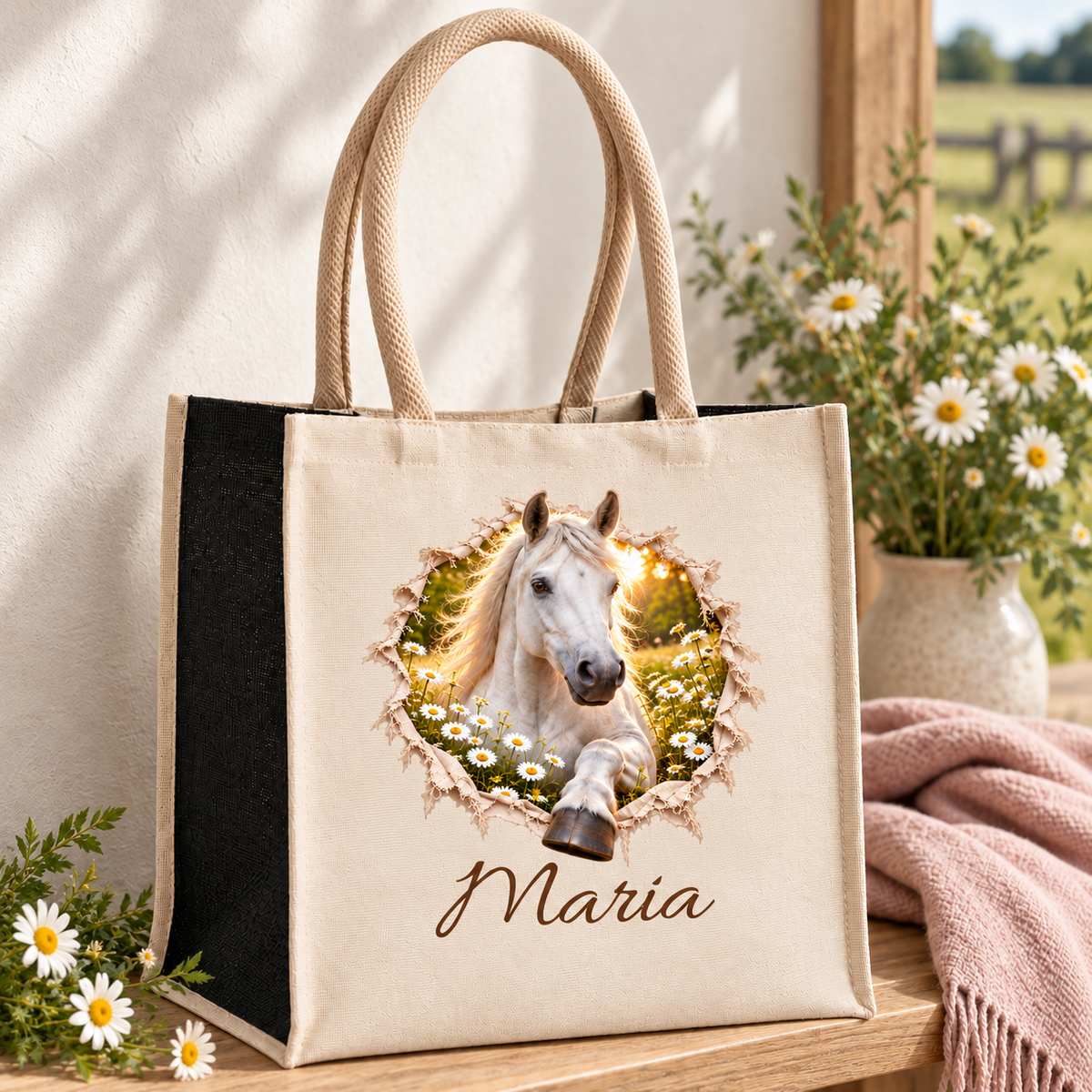 Tasche mit schwarzen Seiten und dem Motiv eines Schimmels auf einer hellen Holzbank.