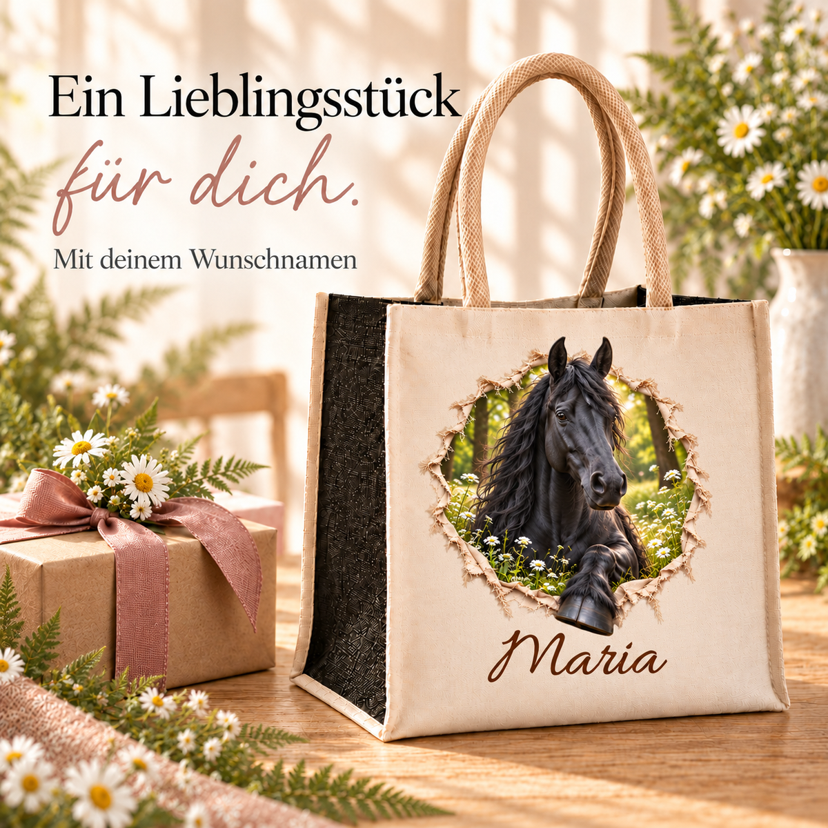 Tasche mit dem Motiv eines Friesen neben verpacktem Geschenk und Blumen auf Holz.