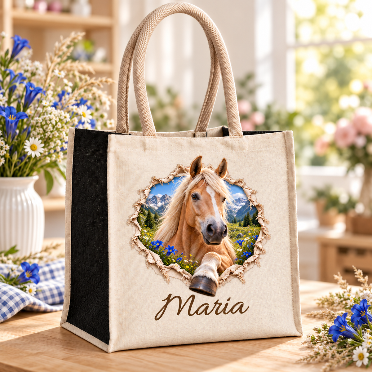 Tasche mit dem Motiv eines Haflingers auf einem Holztisch im Blumenatelier.