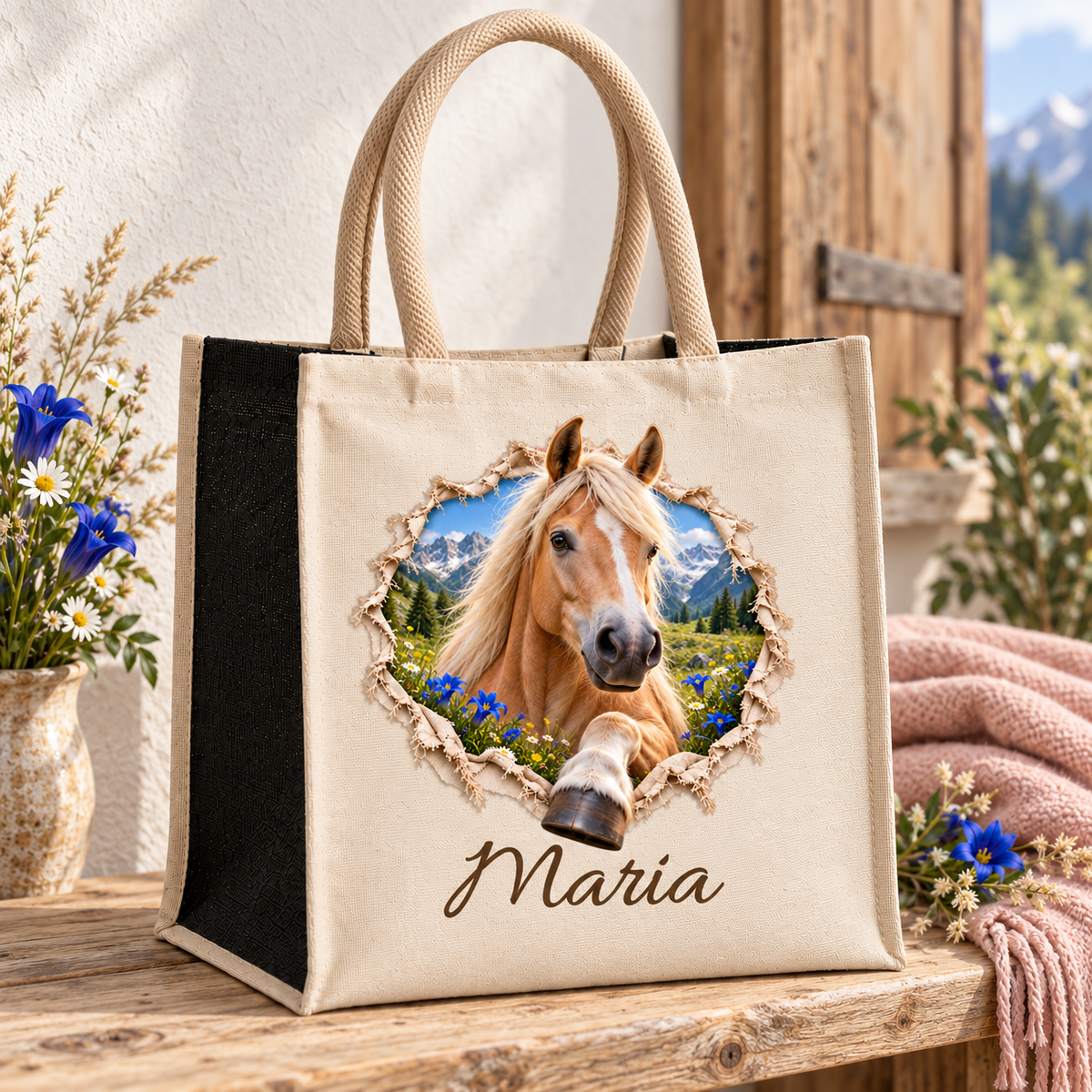 Tasche mit schwarzen Seiten und dem Motiv eines Haflingers auf einer hellen Holzbank.