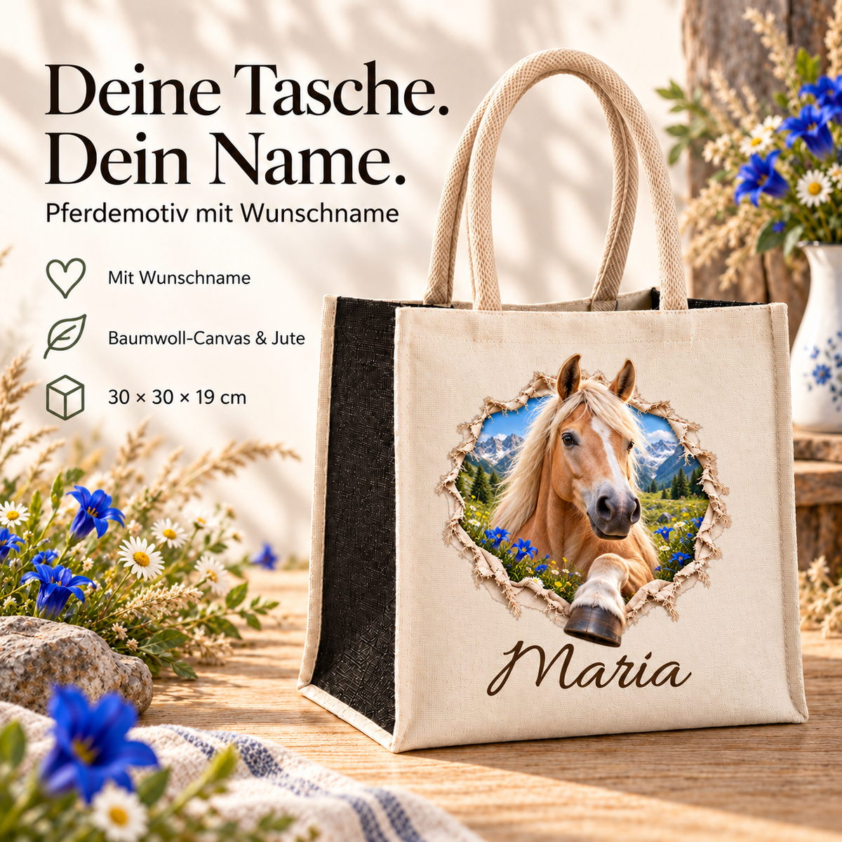 Tasche mit dem Motiv eines Haflingers neben Angaben zu Wunschname, Material und Maßen.
