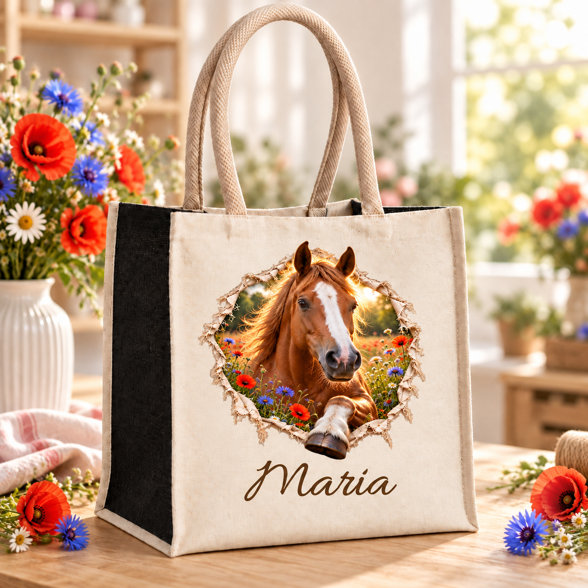 Tasche mit dem Motiv eines fuchsfarbenen Pferdes auf einem Holztisch im Blumenatelier.