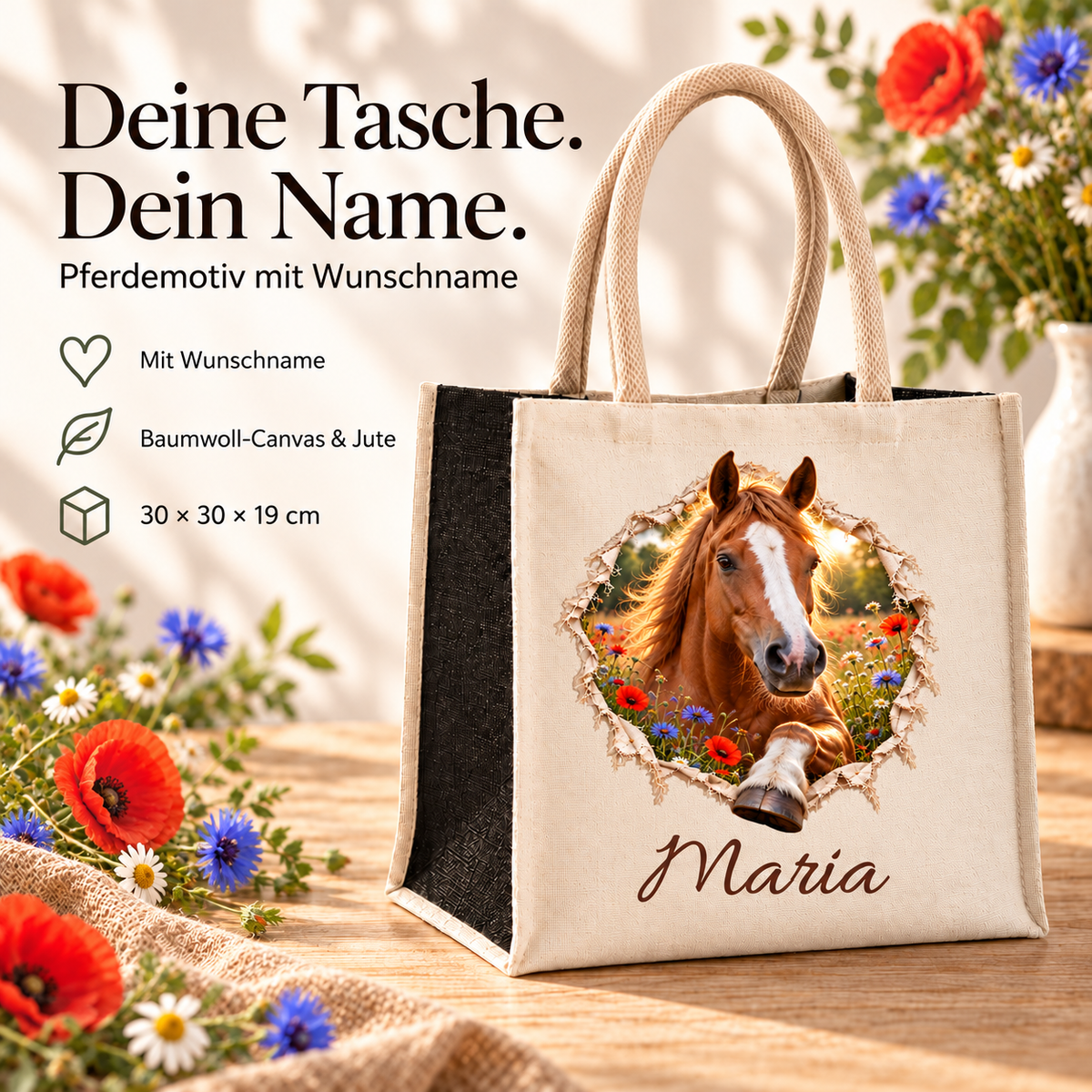 Tasche mit dem Motiv eines fuchsfarbenen Pferdes neben Angaben zu Wunschname, Material und Maßen.