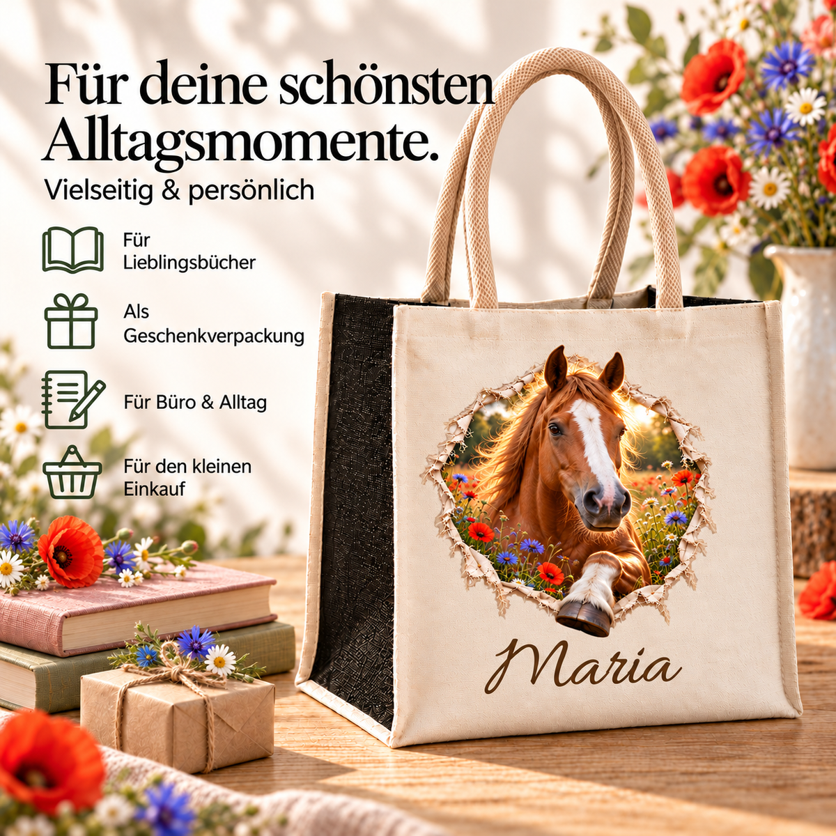 Tasche mit dem Motiv eines fuchsfarbenen Pferdes neben Buch und Hinweisen zur Verwendung im Alltag.