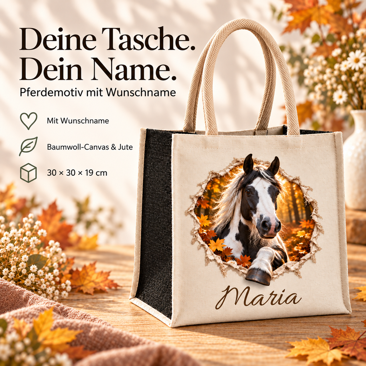 Tasche mit dem Motiv eines Schecken neben Angaben zu Wunschname, Material und Maßen.