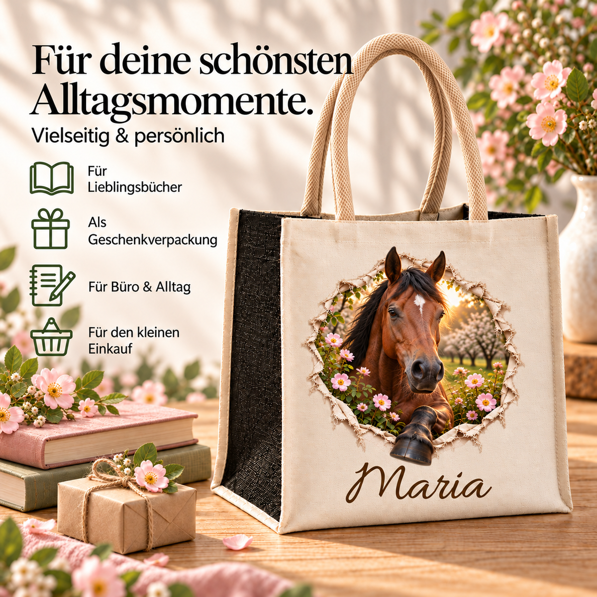 Tasche mit dem Motiv eines braunen Pferdes neben Buch und Hinweisen zur Verwendung im Alltag.