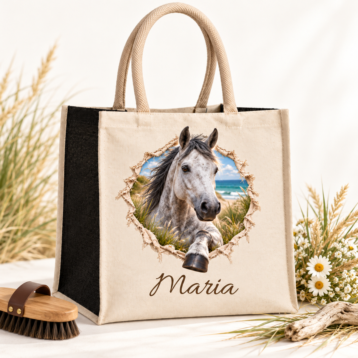 Naturbeige Tasche mit dem Motiv eines Apfelschimmels, daneben Bürste und Blumen.