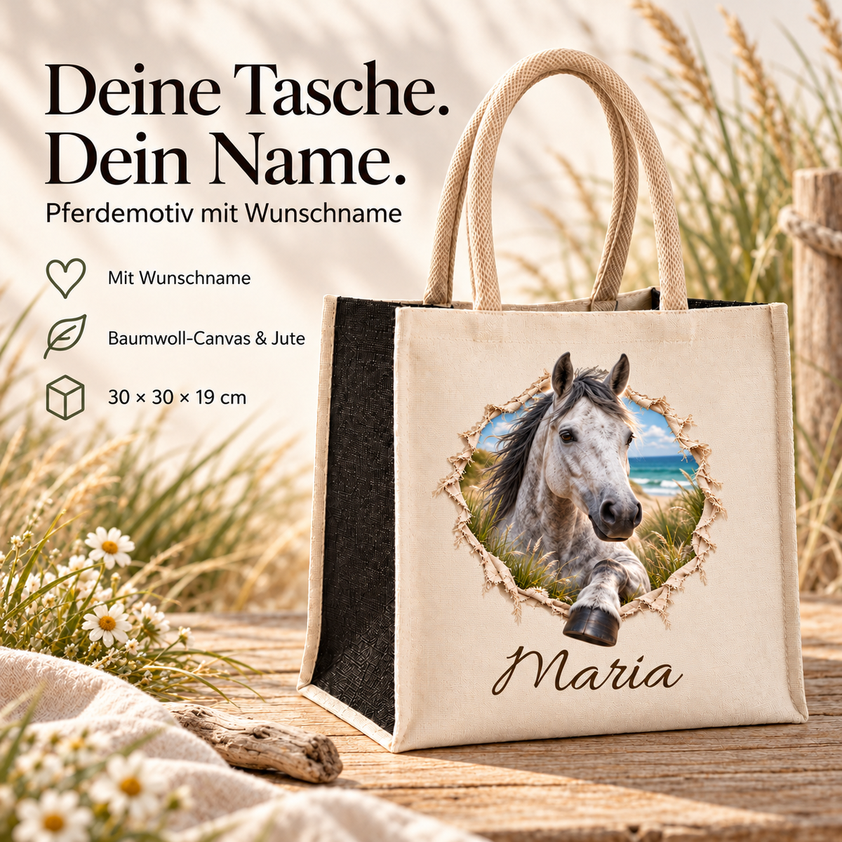 Tasche mit dem Motiv eines Apfelschimmels neben Angaben zu Wunschname, Material und Maßen.