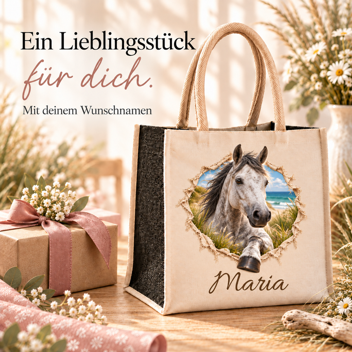 Tasche mit dem Motiv eines Apfelschimmels neben verpacktem Geschenk und Blumen auf Holz.