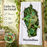 Handtuch mit Chamäleon und Wunschname, mit Motivdetail und kurzen Hinweisen