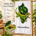 Handtuch mit Gecko und Wunschname, mit Motivdetail und kurzen Hinweisen