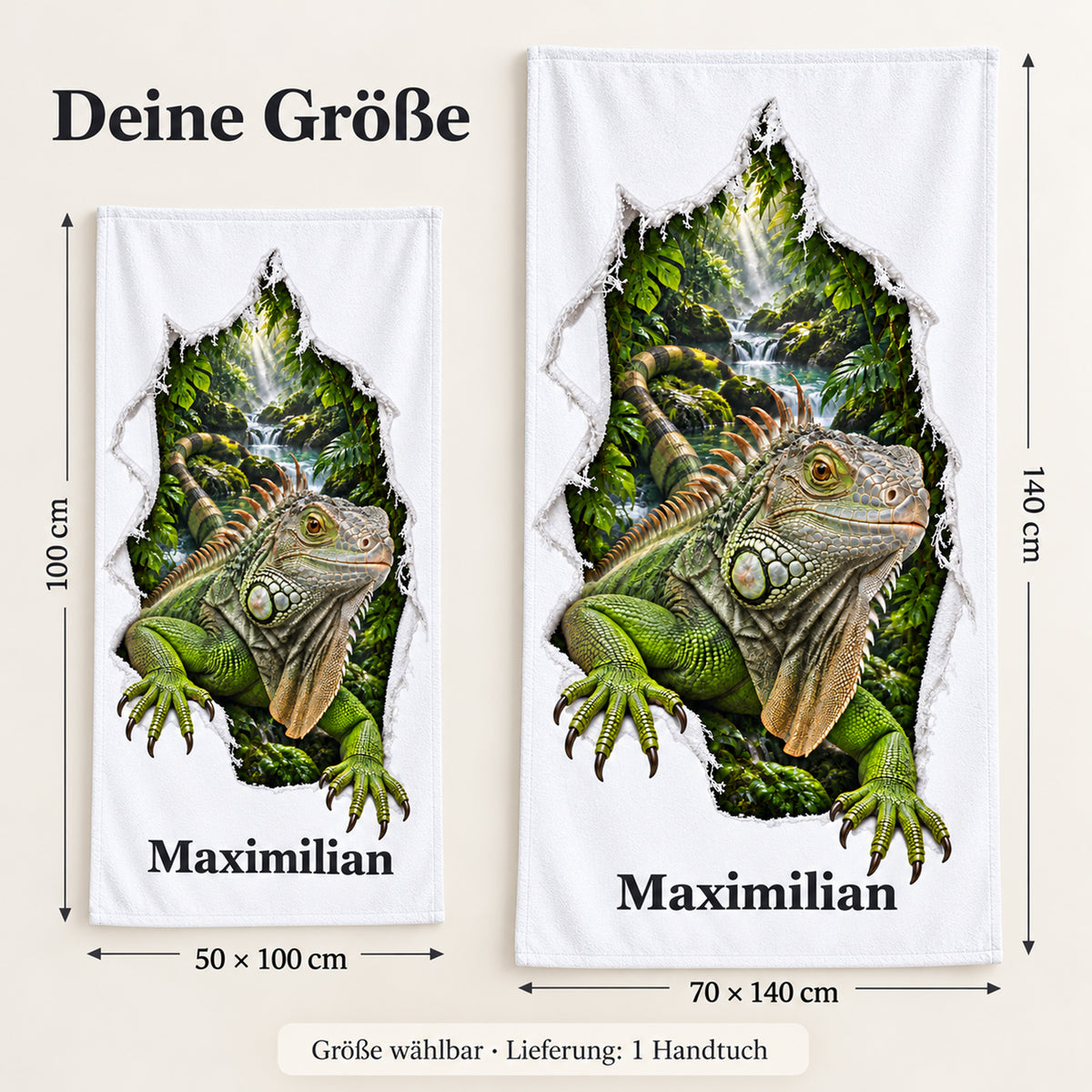 Handtuch mit Leguan und Wunschname in 50 × 100 und 70 × 140 cm