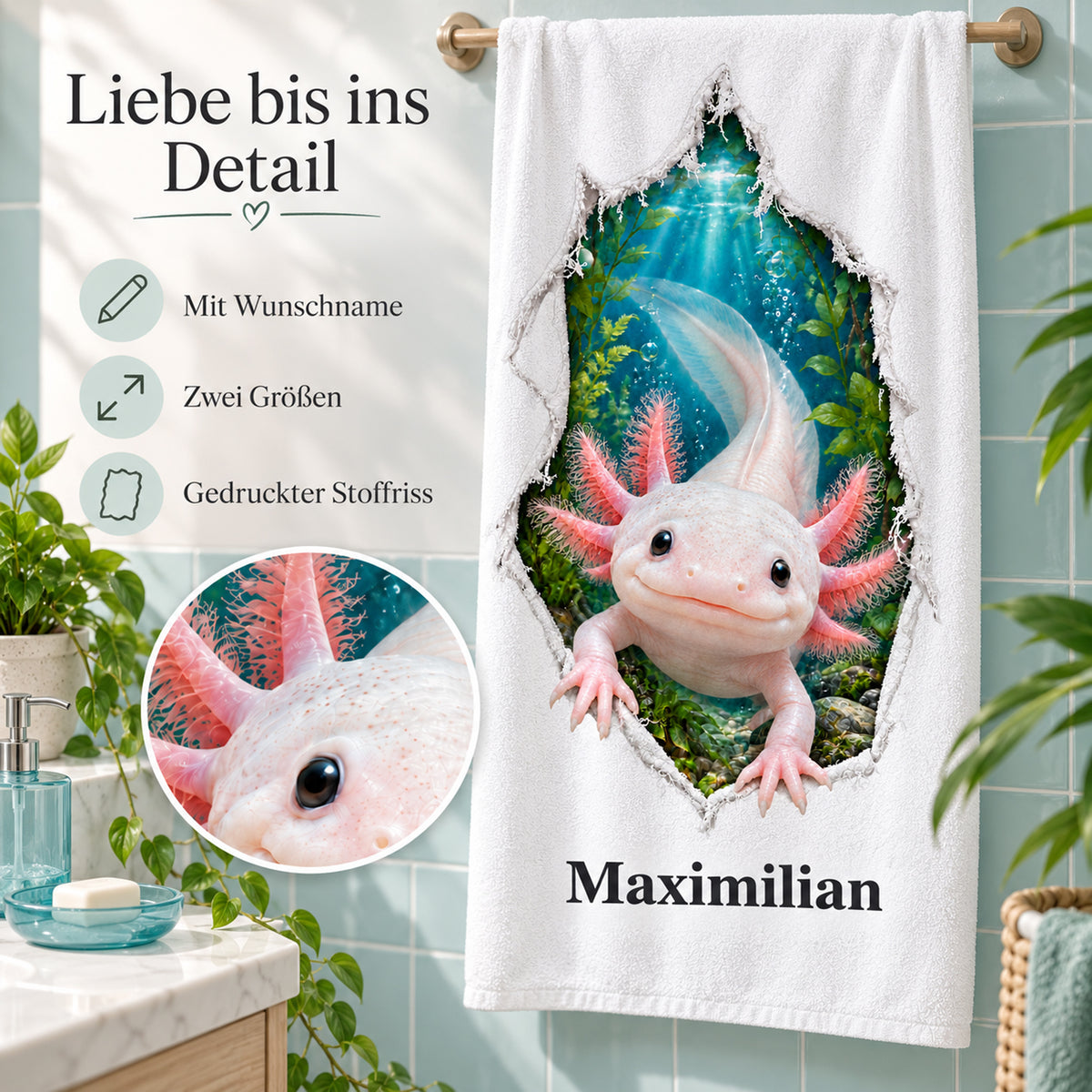 Handtuch mit Axolotl und Wunschname, mit Motivdetail und kurzen Hinweisen
