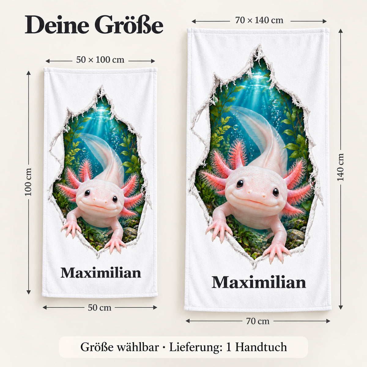 Handtuch mit Axolotl und Wunschname in 50 × 100 und 70 × 140 cm