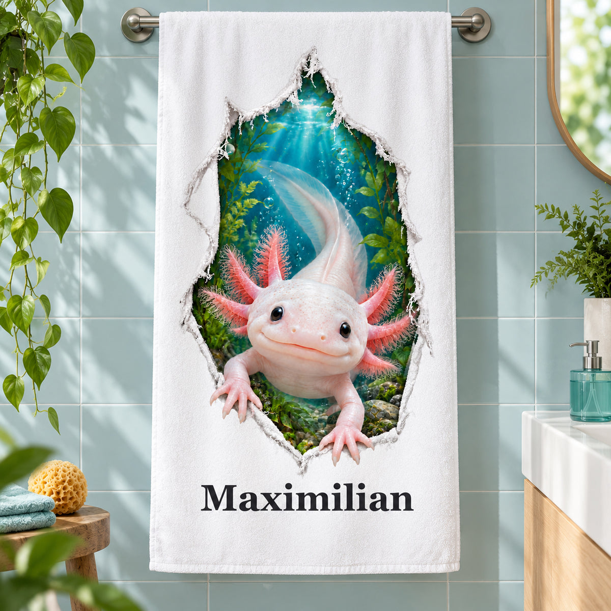 Handtuch mit Axolotl und Wunschname an einer Handtuchstange im Bad