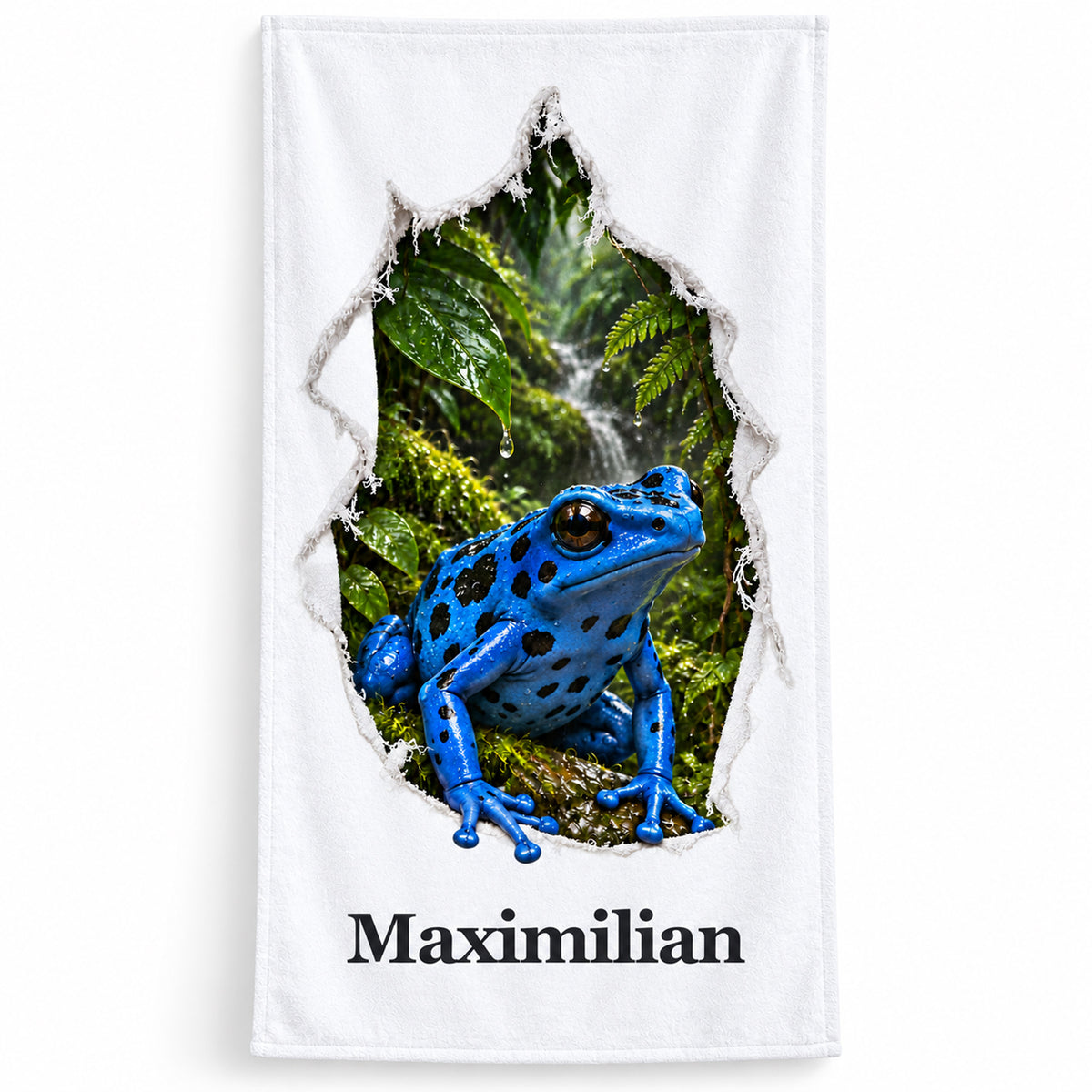 Handtuch mit blauem Pfeilgiftfrosch im gedruckten Stoffriss und Wunschname auf Weiß