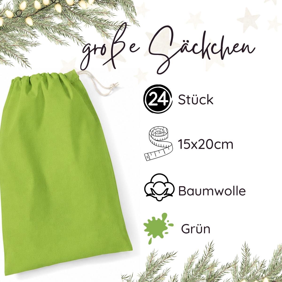 Baumwollsäckchen 15 × 20 cm in Grün – 1 oder 24 Stück
