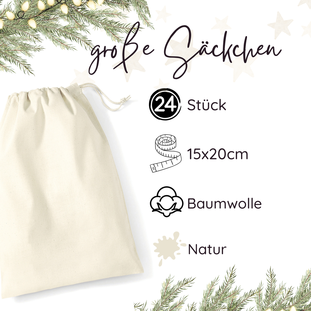 Baumwollsäckchen für deinen DIY-Adventskalender – Natur, 15 × 20 cm