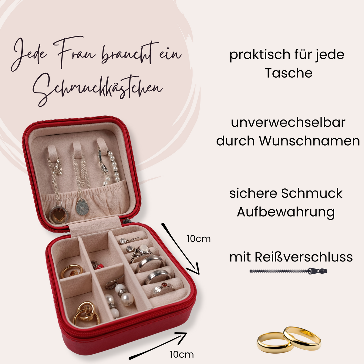 Rotes Schmuckkästchen mit Reißverschluss und personalisierbaren Fächern.