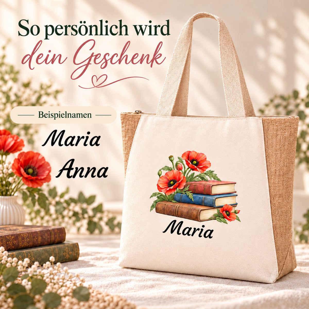 Personalisierter Shopper mit Bücher und Mohn und Wunschname unter dem Motiv