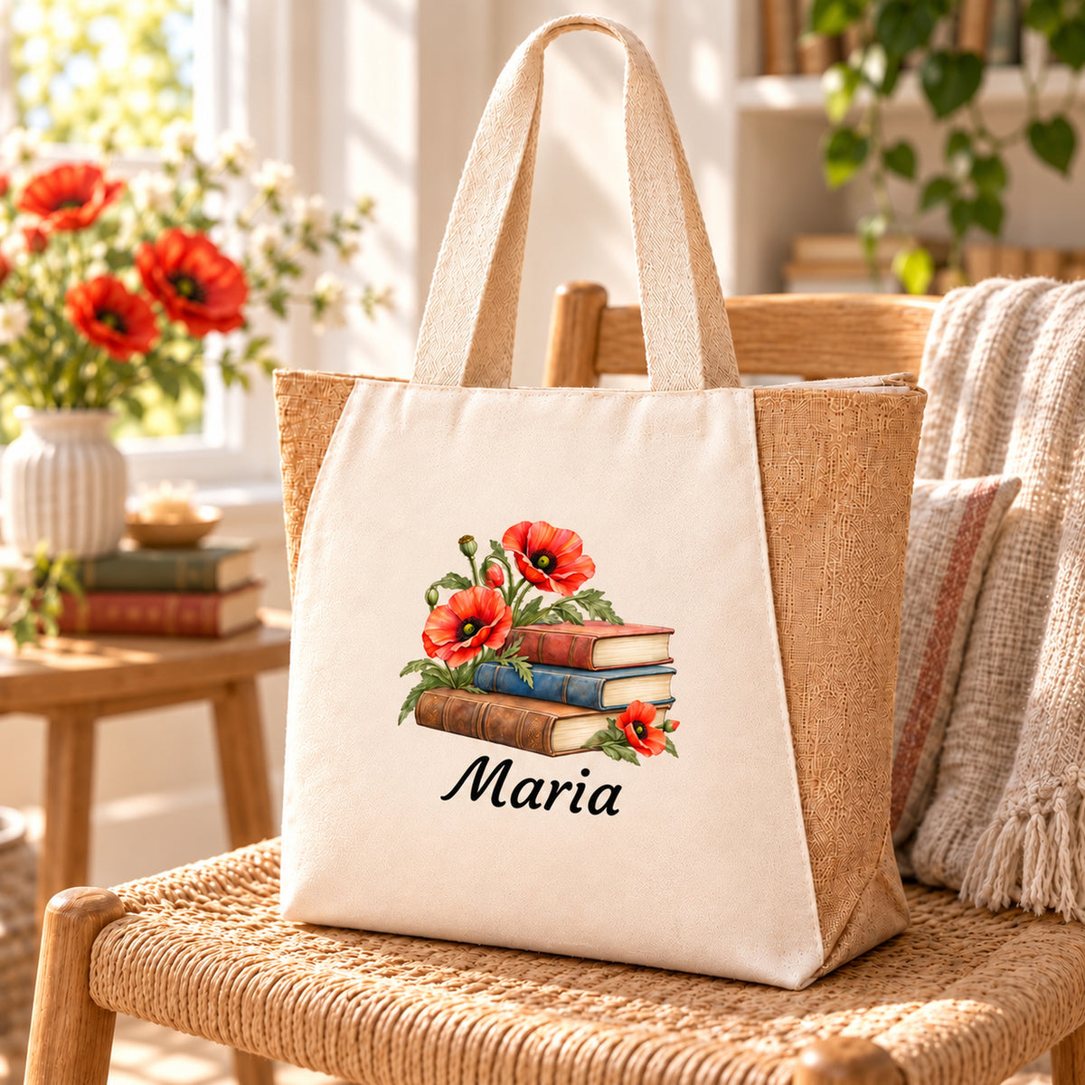 Tasche mit Bücher und Mohn und Wunschname in wohnlicher Umgebung