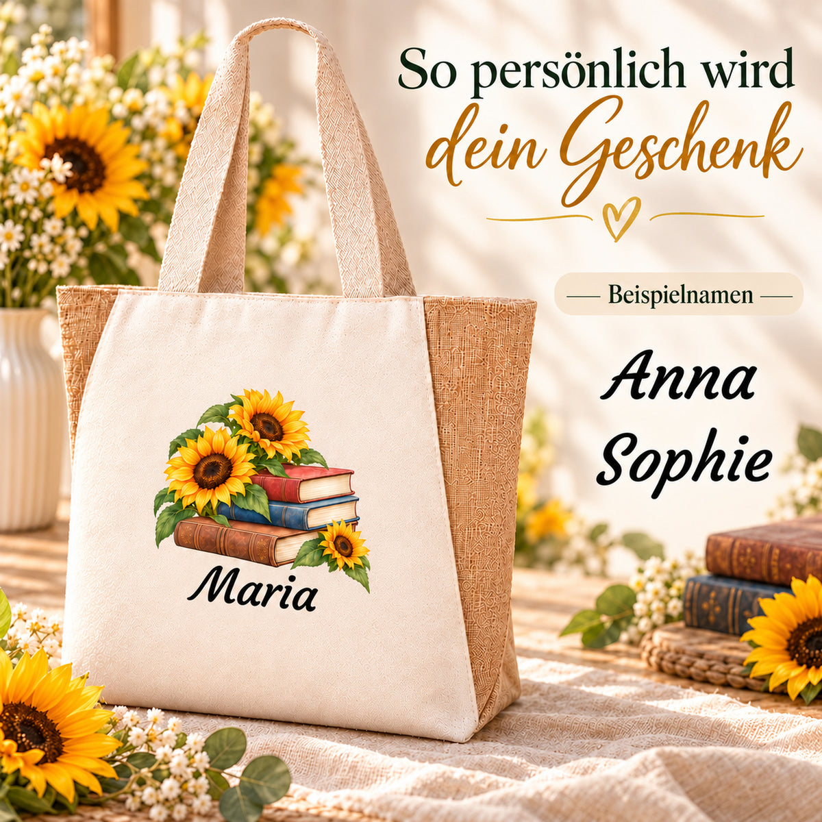 Personalisierter Shopper mit Bücher und Sonnenblumen und Wunschname unter dem Motiv
