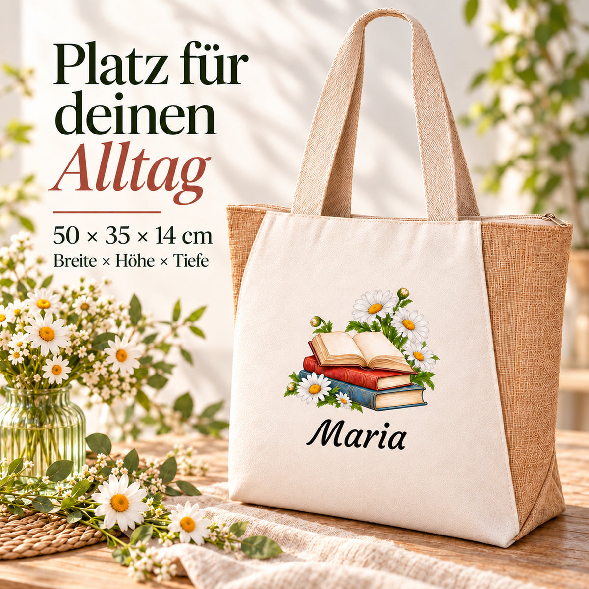 Seitliche Ansicht des Shoppers mit Juteseiten, Reißverschluss und Bücher und Margeriten