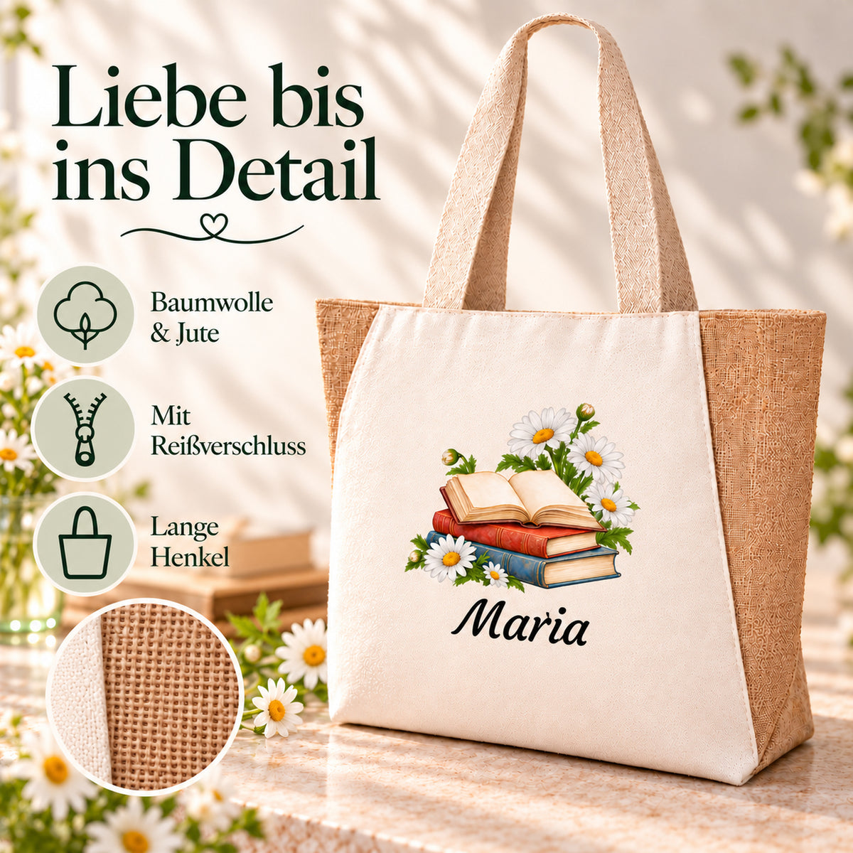 Maße und Produktdetails der Tasche aus Baumwolle und Jute mit Bücher und Margeriten